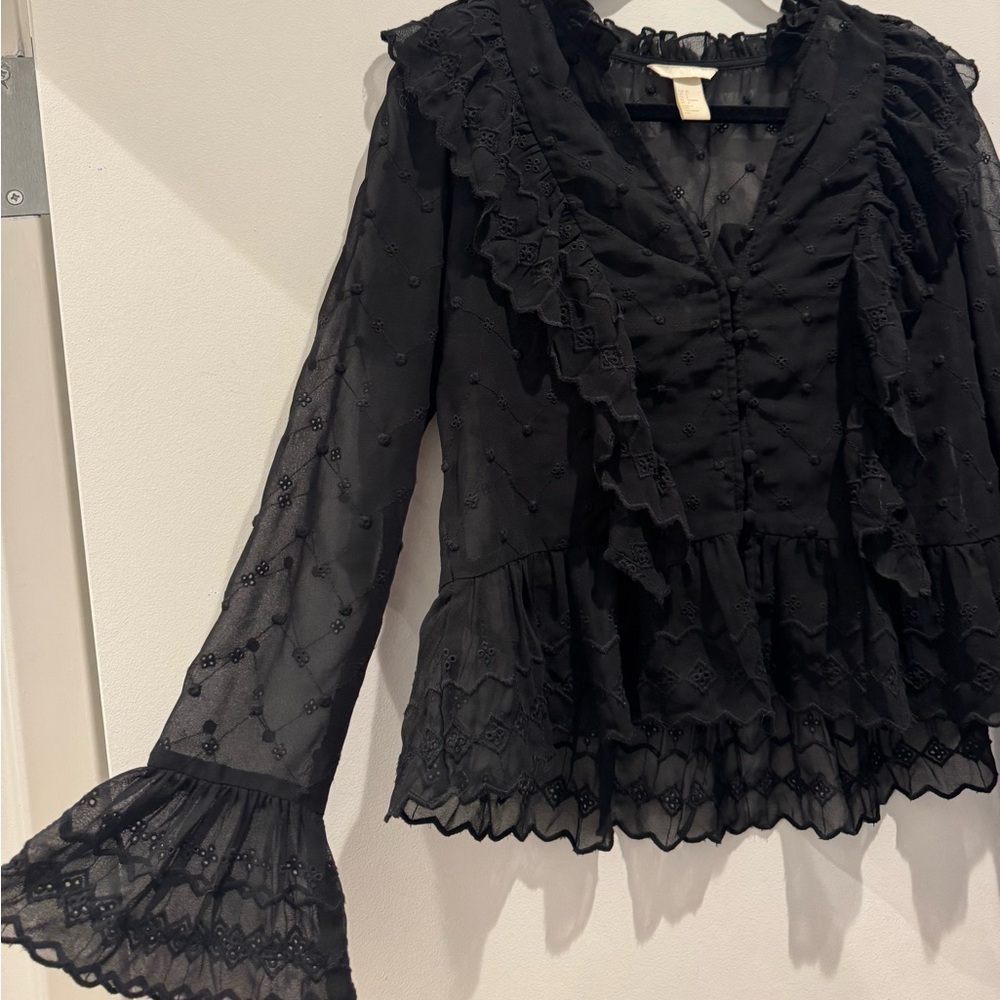 H&M Black Ruffle Sheer Button-Front Blouse - Picture 2 of 4